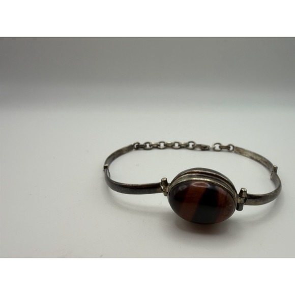 Vintage Sterling Silver Tiger's Eye Oval Cabochon Hinged Bangle Chain Bracelet - Picture 2 of 12